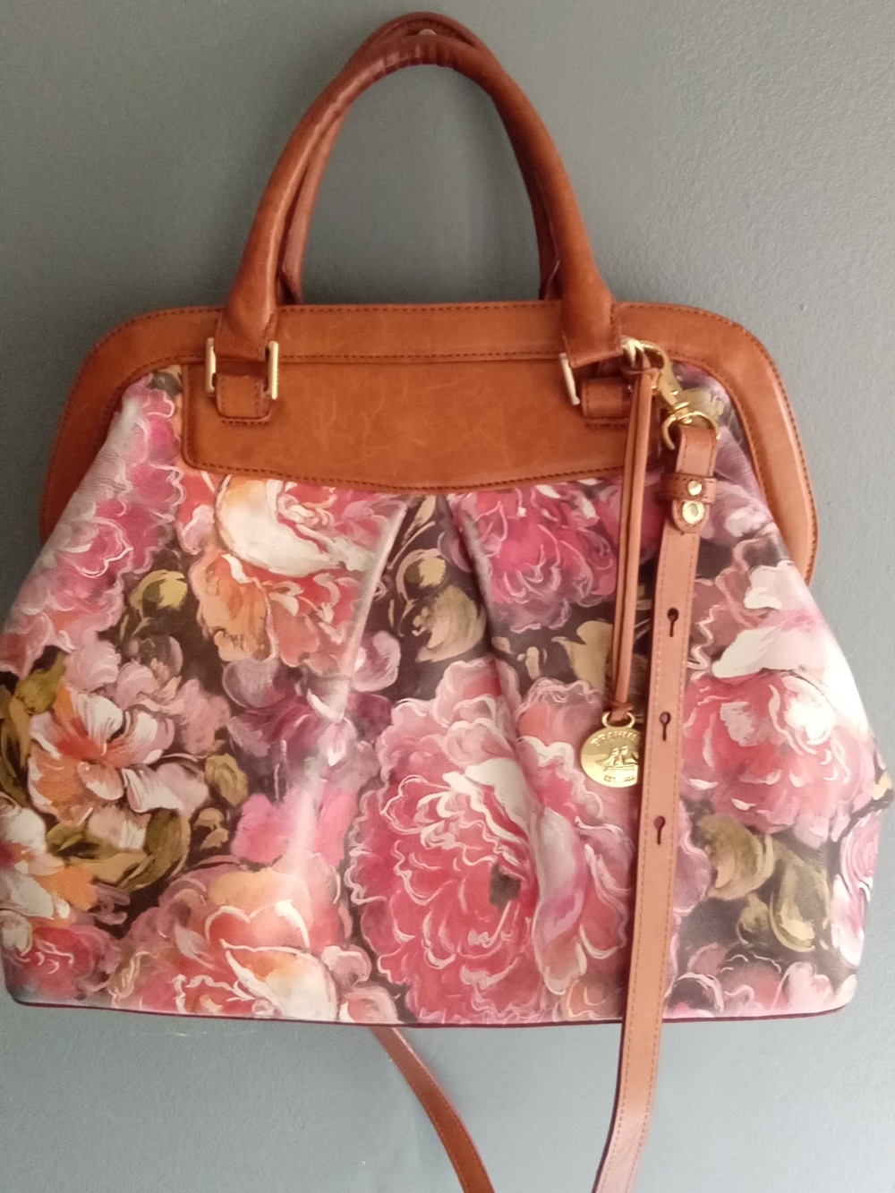 Brahmin Floral Satchel Pink Tan Leather Doctor Bag Crossbody Handbag - Picture 5 of 9